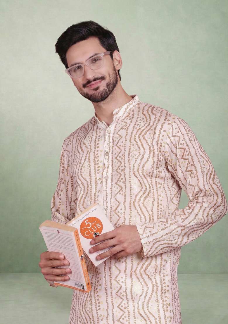 White Printed Cotton Kurta Set For Men - Indya