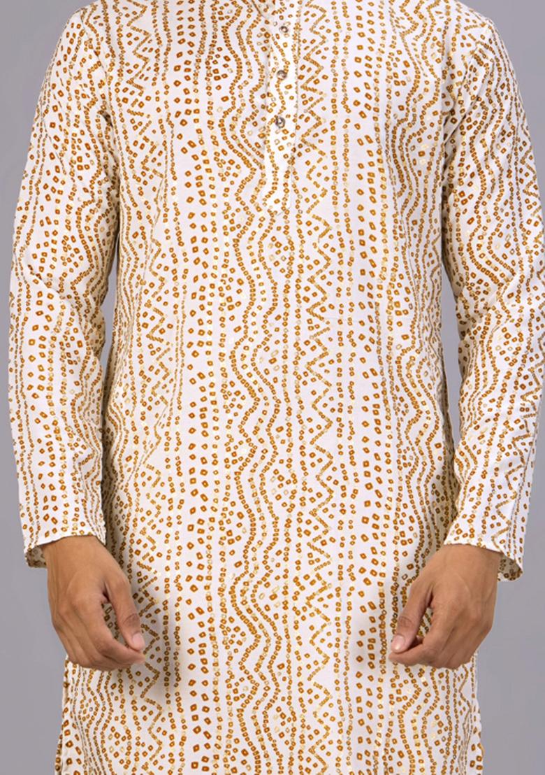 White Printed Cotton Kurta Set For Men - Indya