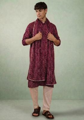 Wine Printed Cotton Kurta Set For Men
