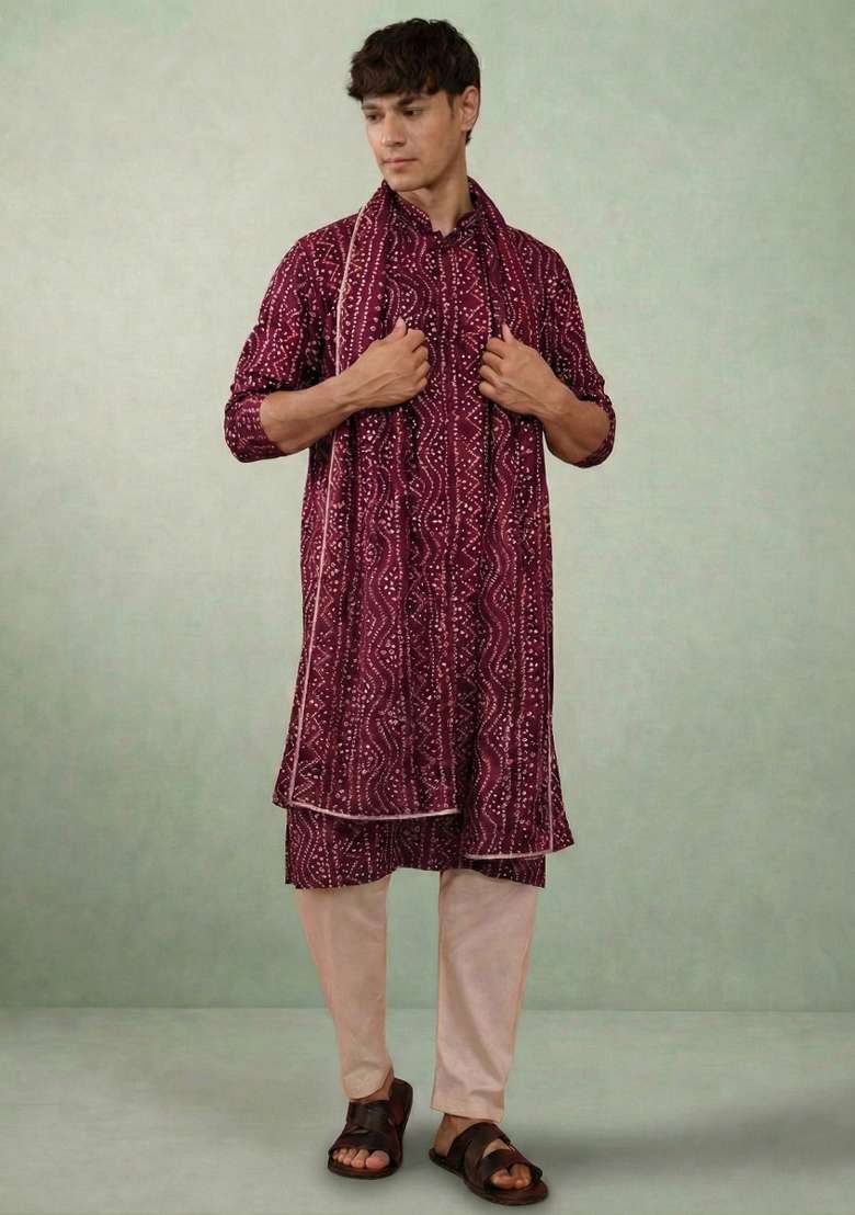 Wine Printed Cotton Kurta Set For Men - Indya