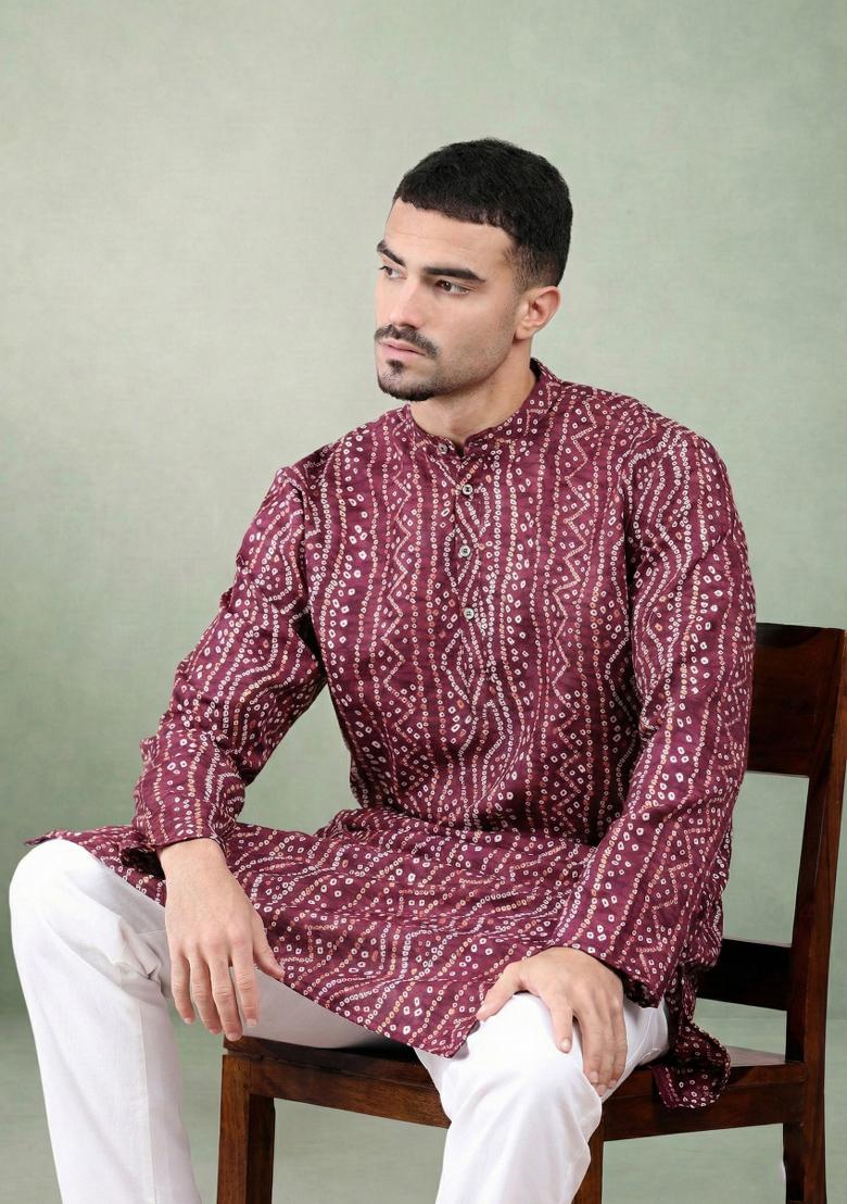 Wine Printed Cotton Kurta Set For Men - Indya