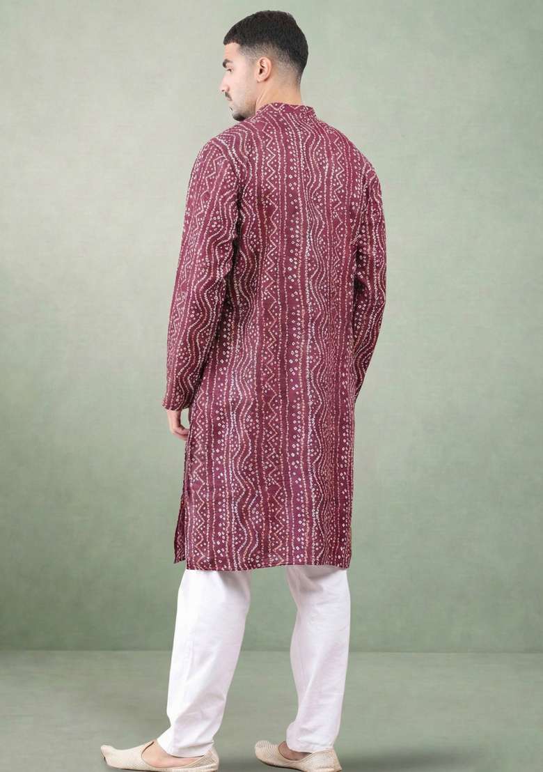 Wine Printed Cotton Kurta Set For Men - Indya