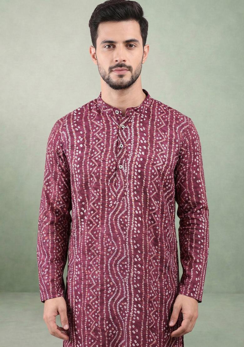 Wine Printed Cotton Kurta Set For Men - Indya