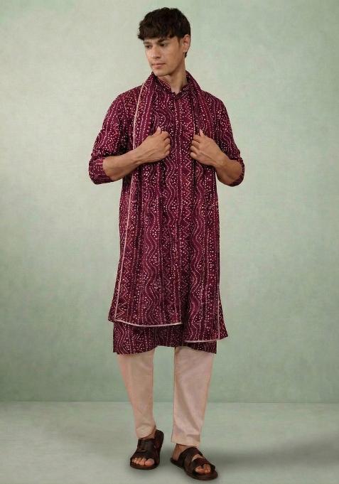 Wine Printed Cotton Kurta Set For Men