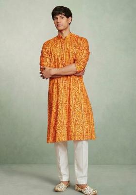 Yellow Printed Cotton Kurta Set For Men