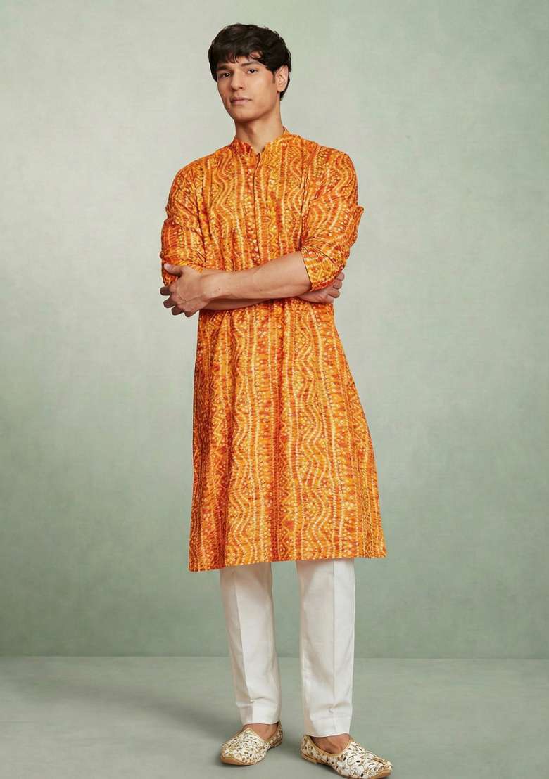 Yellow Printed Cotton Kurta Set For Men - Indya