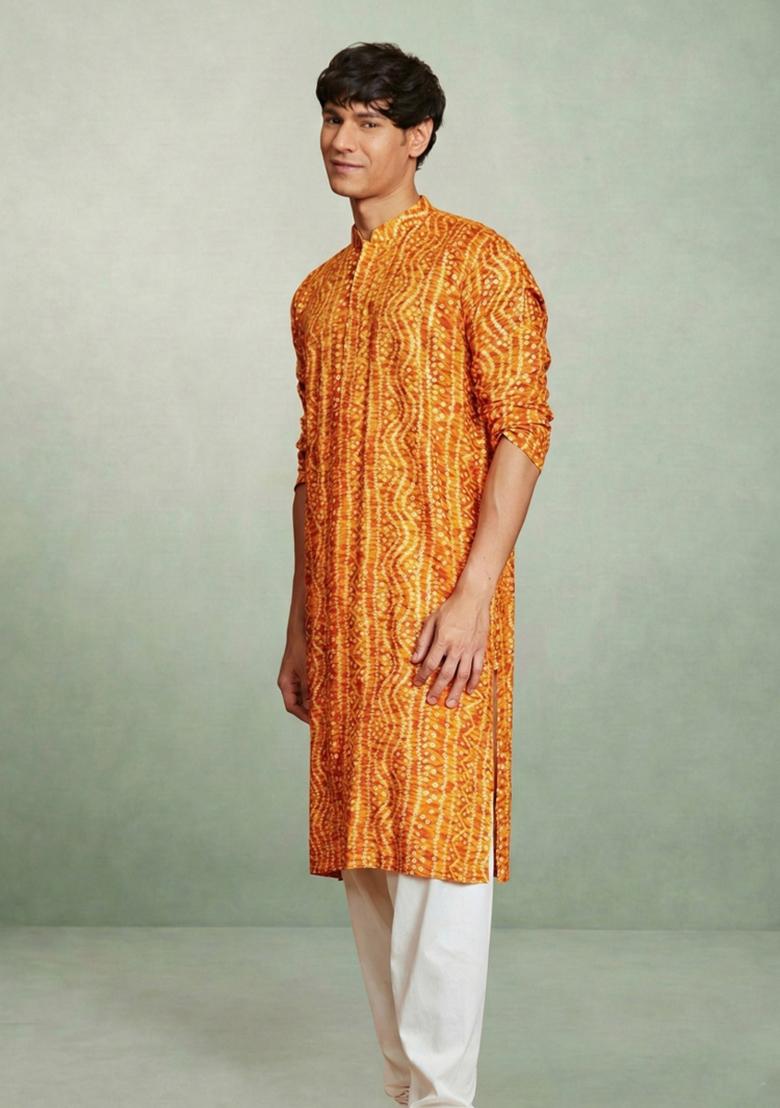 Yellow Printed Cotton Kurta Set For Men - Indya