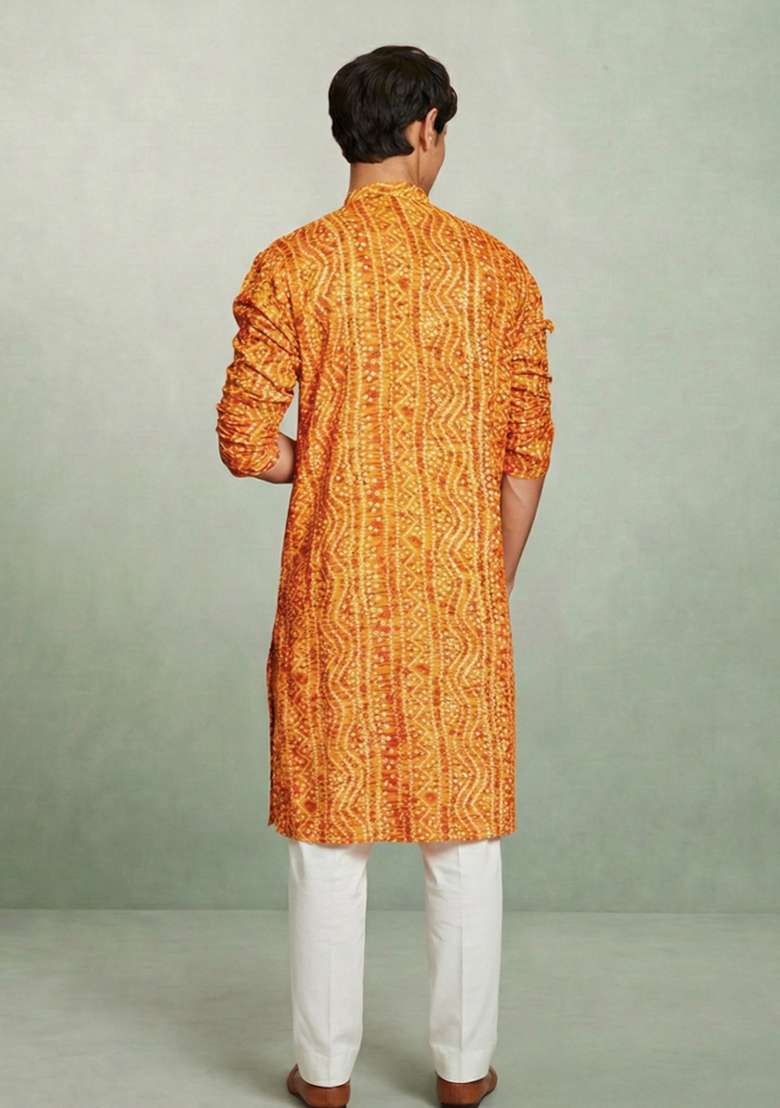 Yellow Printed Cotton Kurta Set For Men - Indya