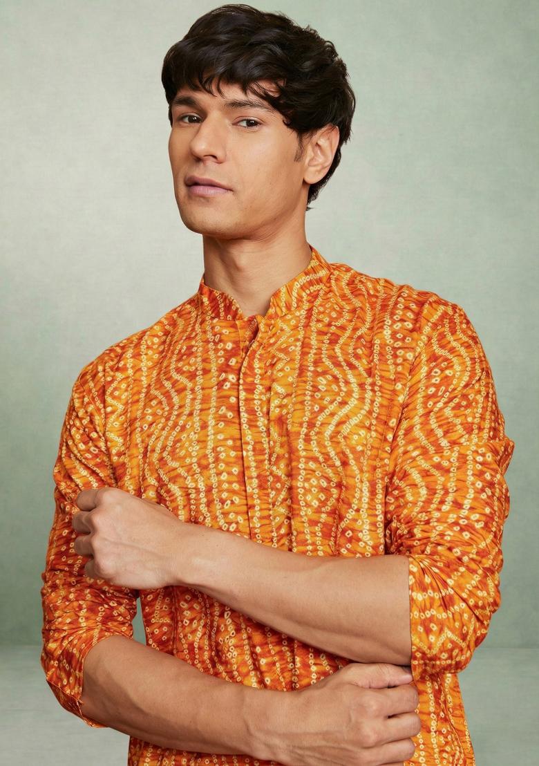 Yellow Printed Cotton Kurta Set For Men - Indya