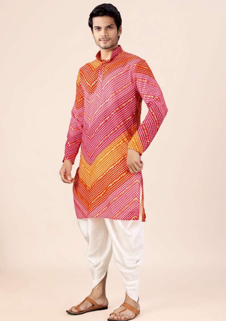 Orange And Pink Printed Cotton Kurta Set For Men - Indya