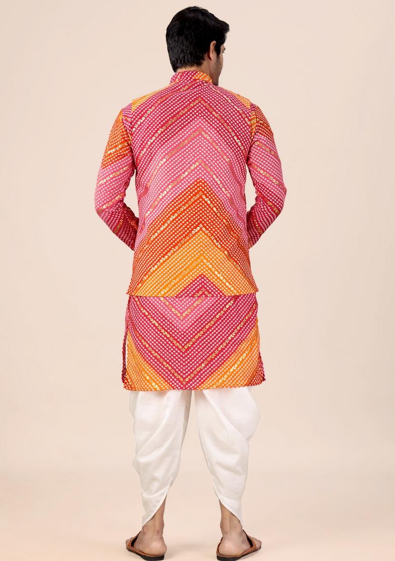 Orange And Pink Printed Cotton Kurta Set For Men - Indya