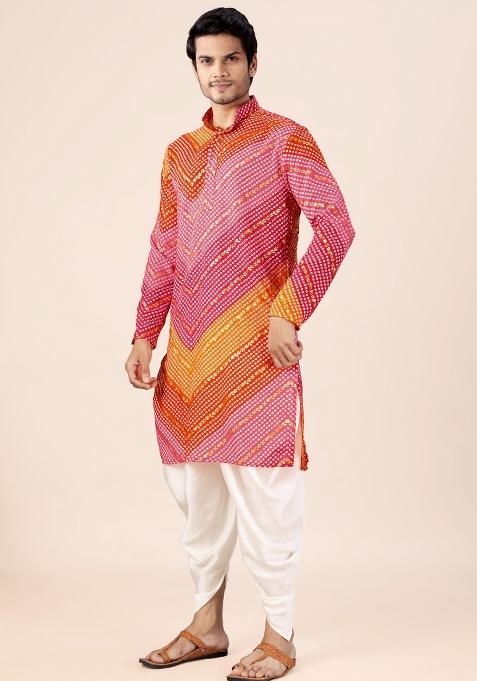 Orange And Pink Printed Cotton Kurta Set For Men
