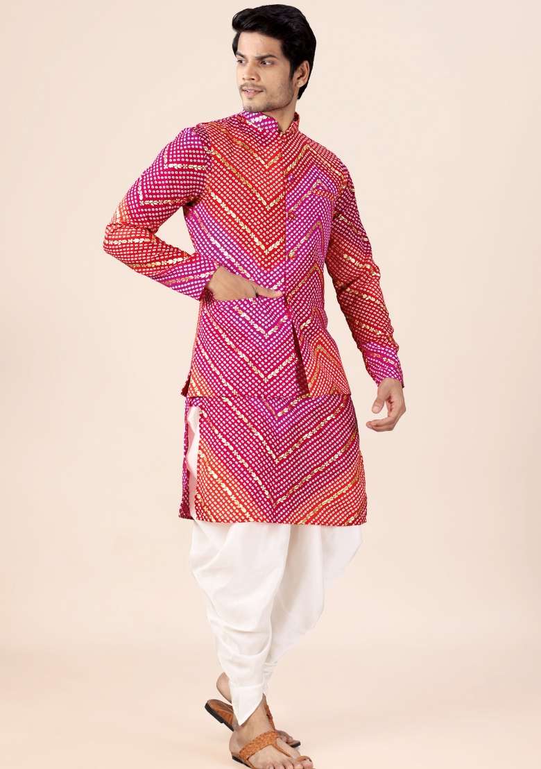 Pink And Red Printed Cotton Kurta Set For Men - Indya