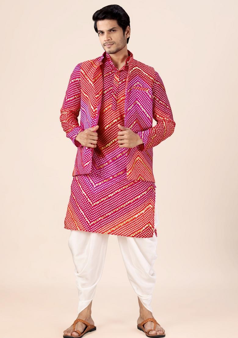 Pink And Red Printed Cotton Kurta Set For Men - Indya