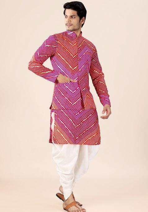 Pink And Red Printed Cotton Kurta Set For Men