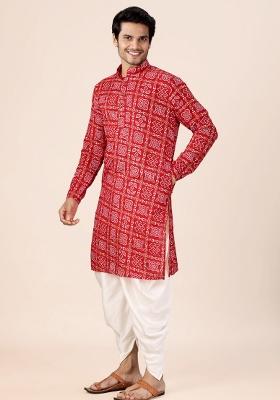Red Printed Cotton Kurta Set For Men