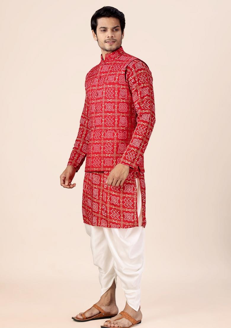 Red Printed Cotton Kurta Set For Men - Indya