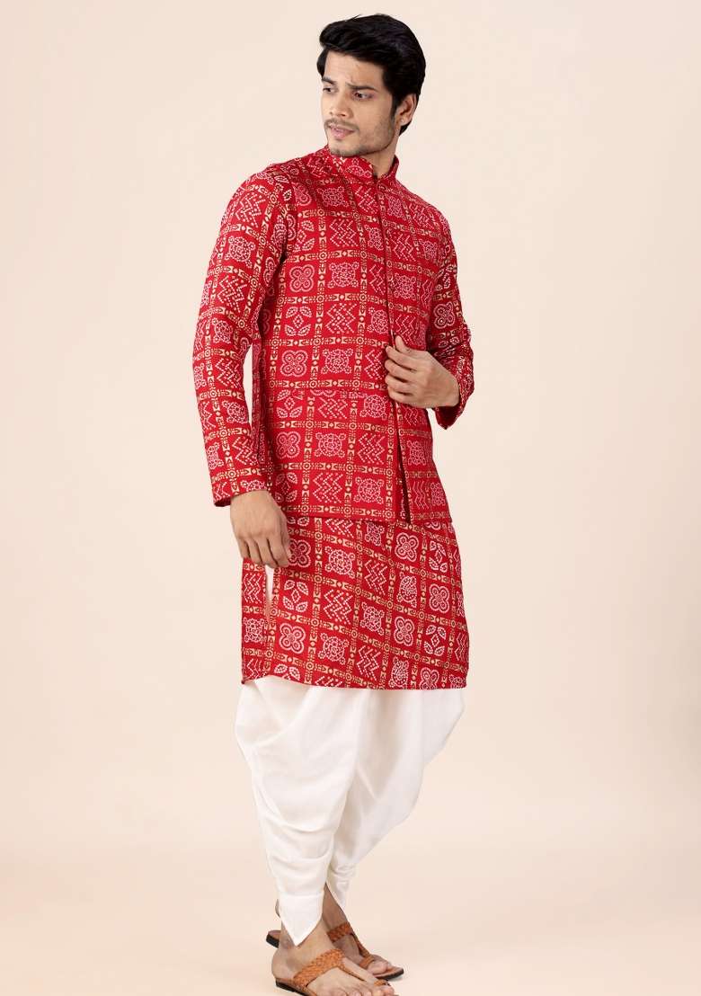 Red Printed Cotton Kurta Set For Men - Indya