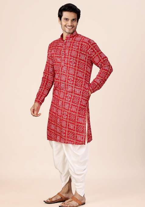 Red Printed Cotton Kurta Set For Men