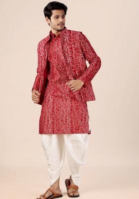 Red Printed Cotton Kurta Set For Men