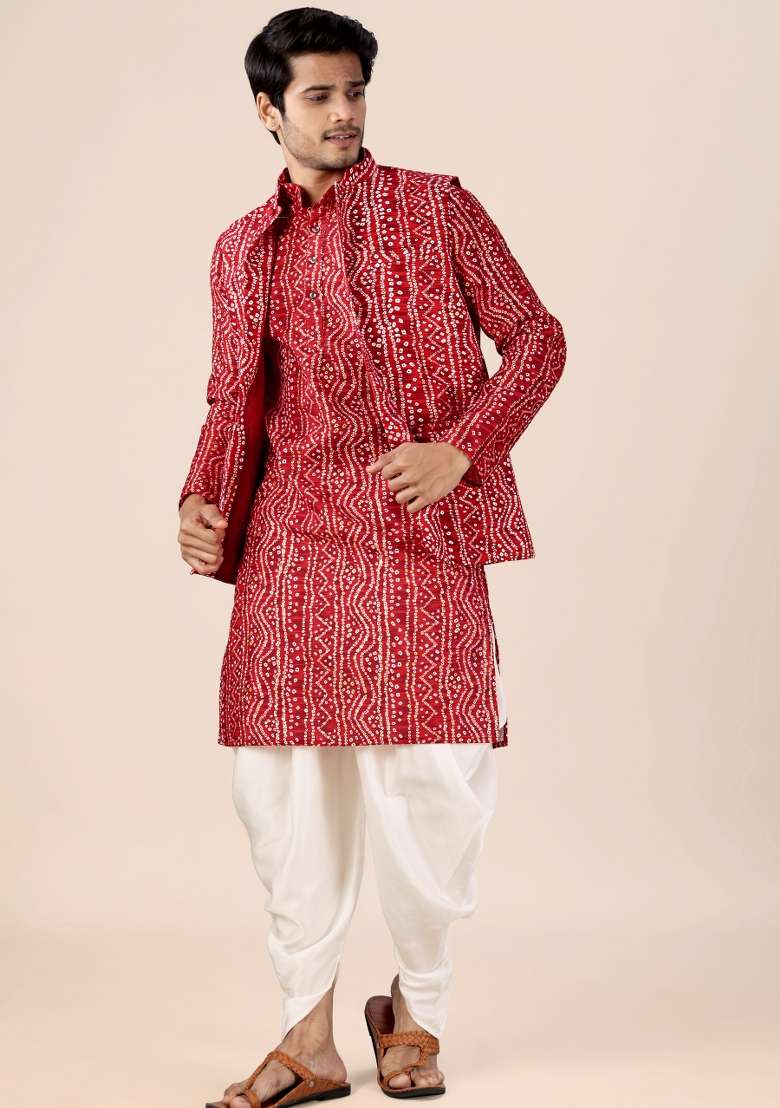 Red Printed Cotton Kurta Set For Men - Indya