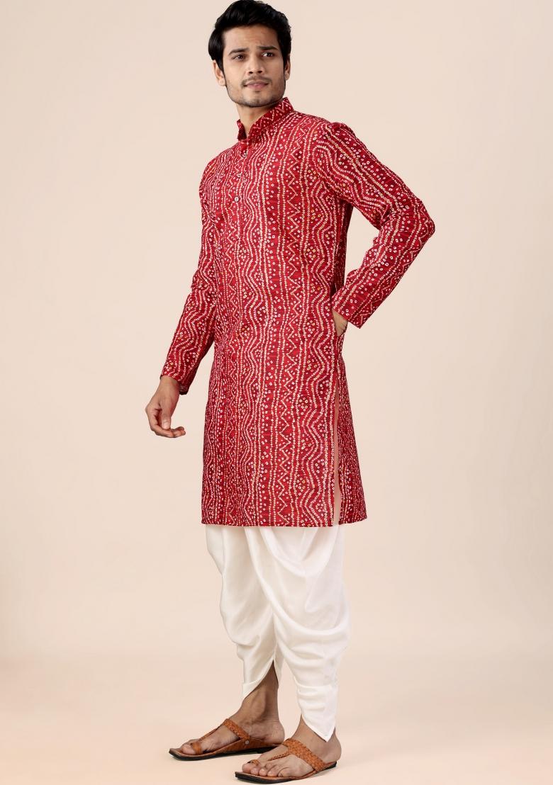 Red Printed Cotton Kurta Set For Men - Indya