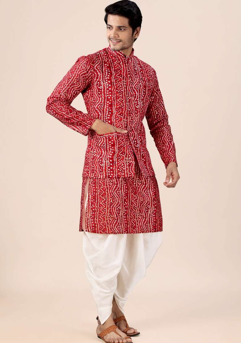 Red Printed Cotton Kurta Set For Men - Indya