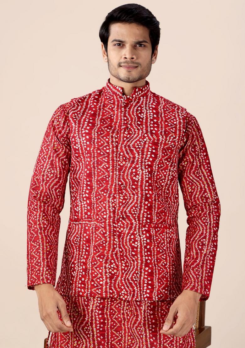 Red Printed Cotton Kurta Set For Men - Indya