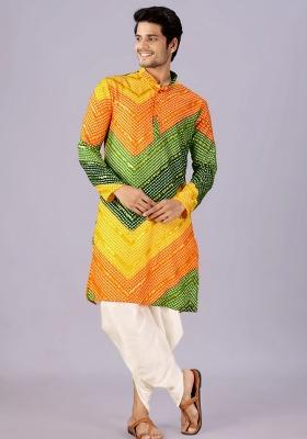 Yellow And Green Printed Cotton Kurta Set For Men
