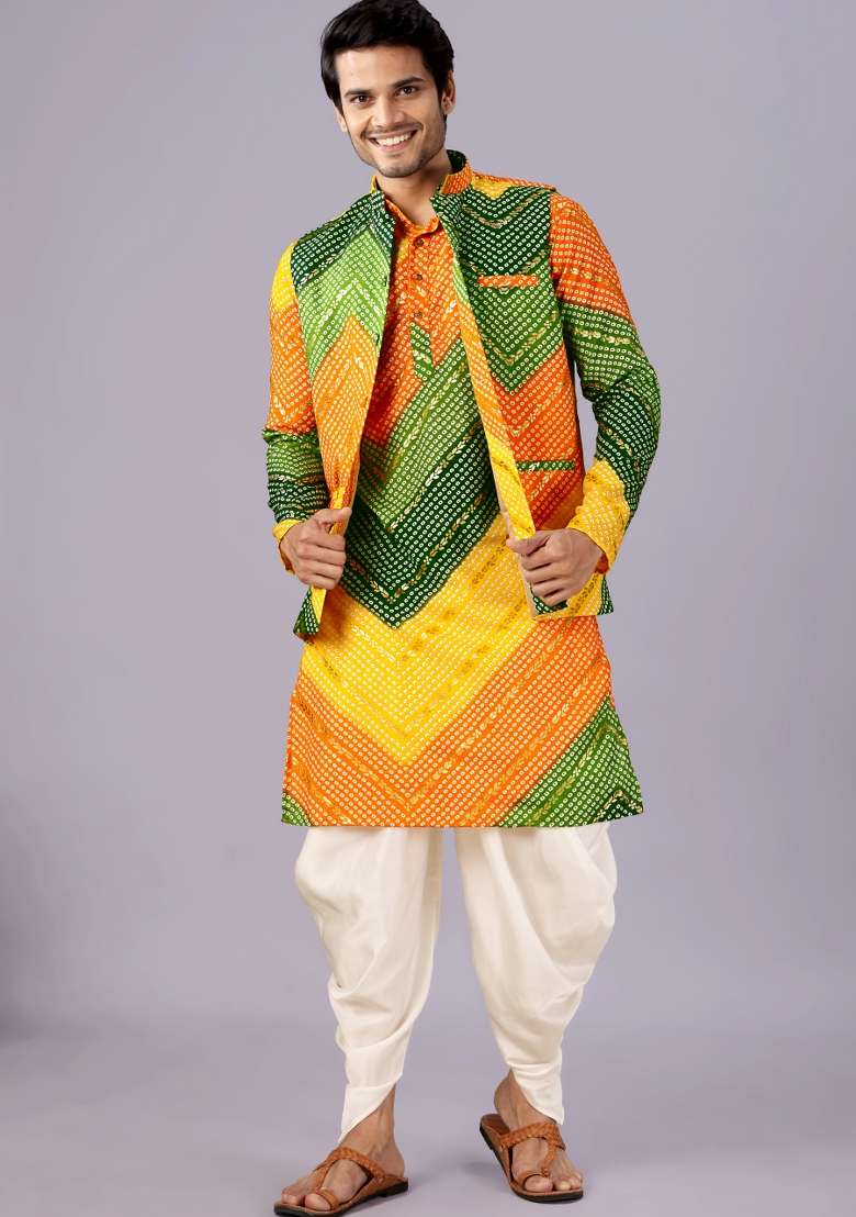 Yellow And Green Printed Cotton Kurta Set For Men - Indya