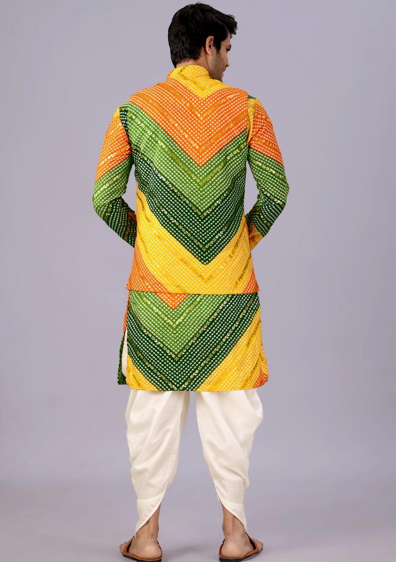 Yellow And Green Printed Cotton Kurta Set For Men - Indya