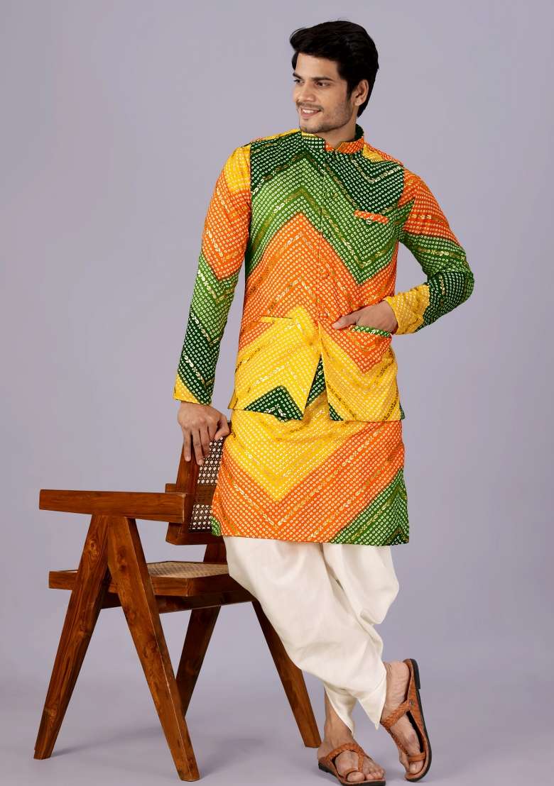 Yellow And Green Printed Cotton Kurta Set For Men - Indya