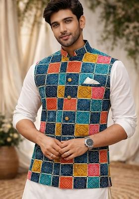 Blue Printed Cotton Waistcoat For Men