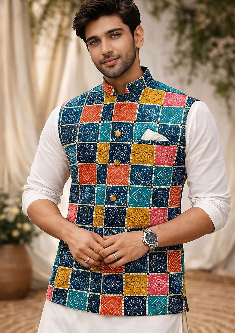Blue Printed Cotton Waistcoat For Men - Indya