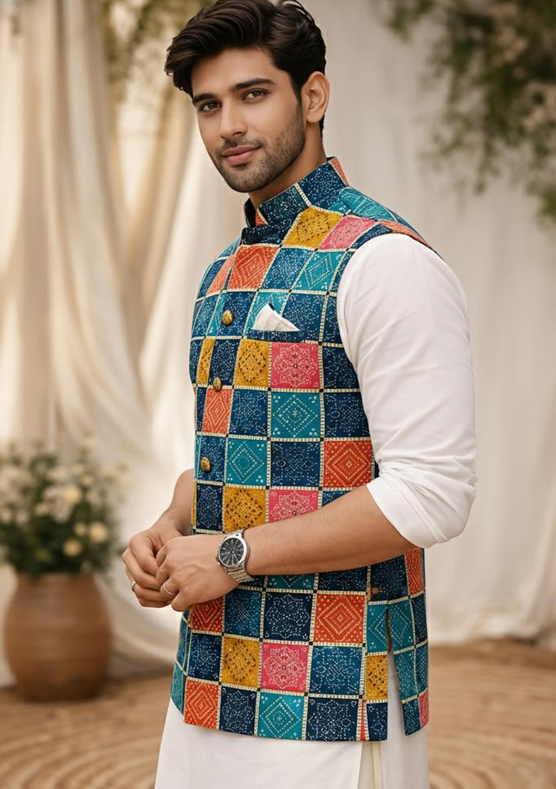 Blue Printed Cotton Waistcoat For Men - Indya