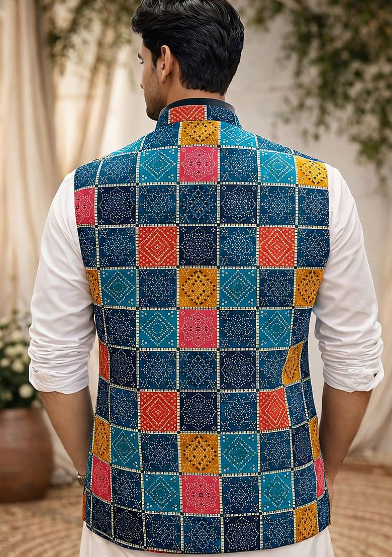 Blue Printed Cotton Waistcoat For Men - Indya
