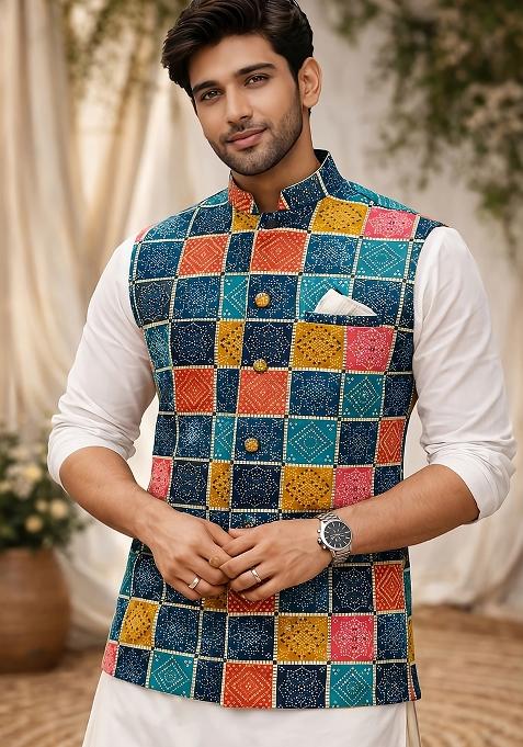 Blue Printed Cotton Waistcoat For Men