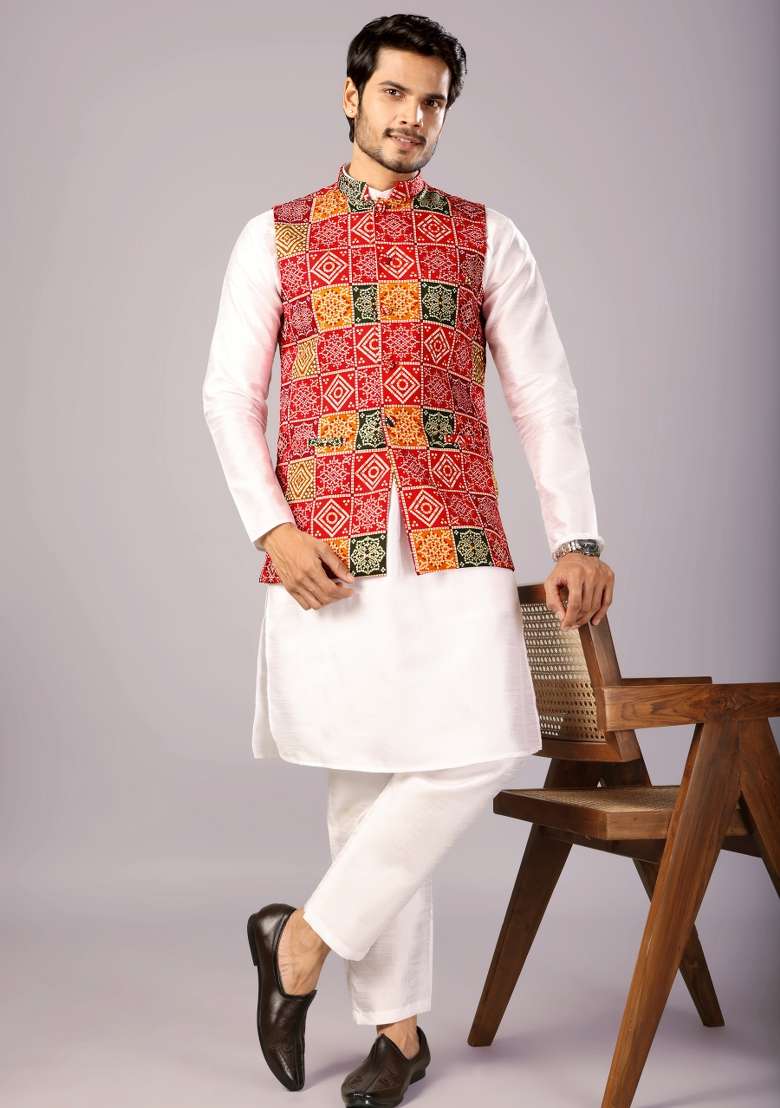 Multicolor Printed Cotton Waistcoat For Men - Indya