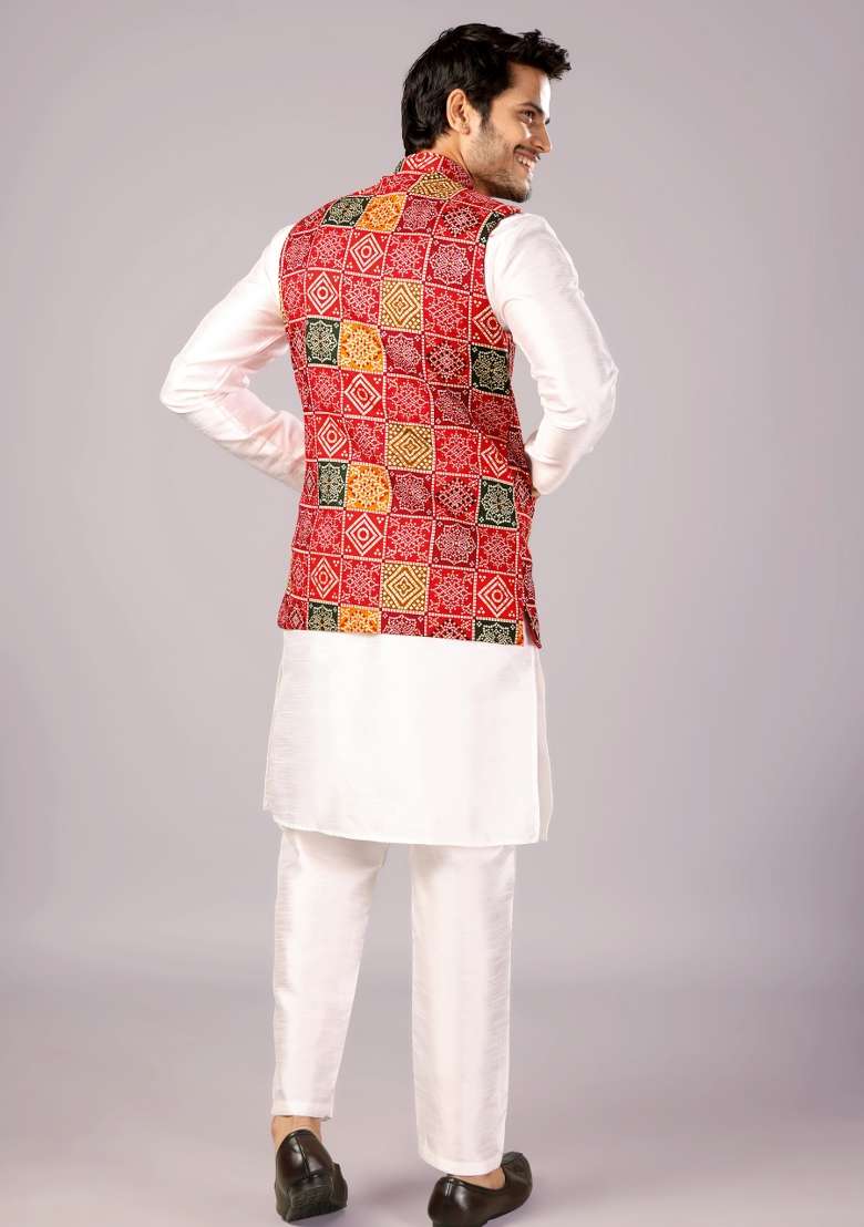 Multicolor Printed Cotton Waistcoat For Men - Indya