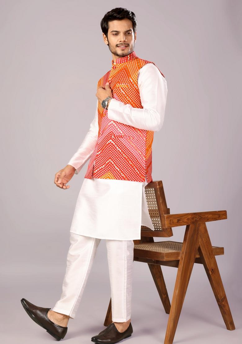 Red And Orange Printed Cotton Waistcoat For Men - Indya