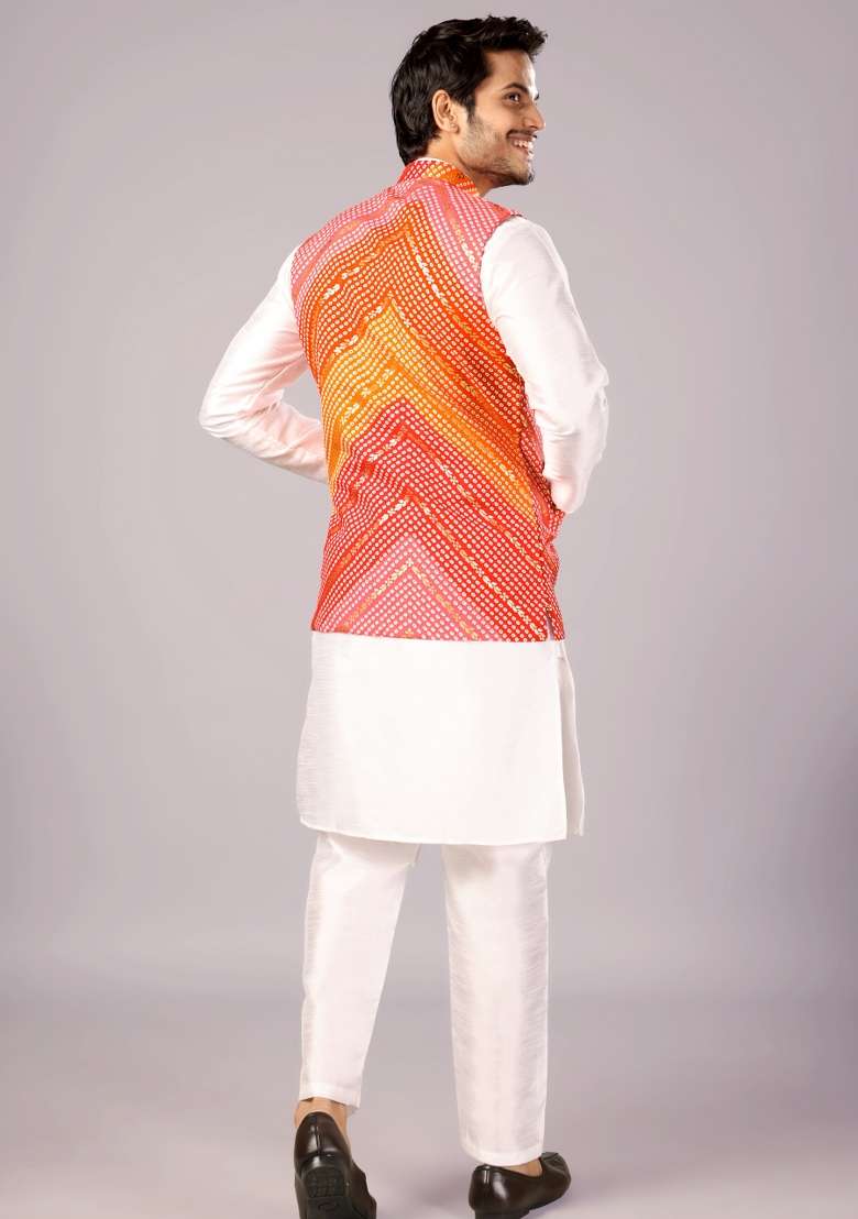 Red And Orange Printed Cotton Waistcoat For Men - Indya