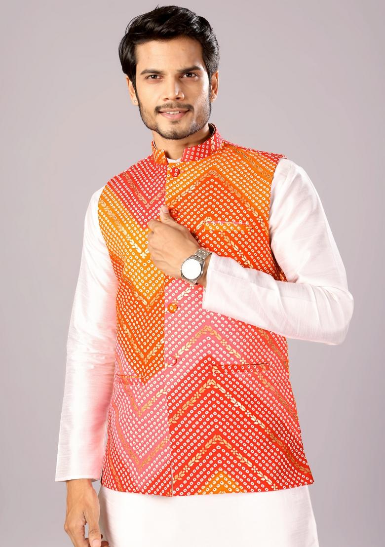 Red And Orange Printed Cotton Waistcoat For Men - Indya