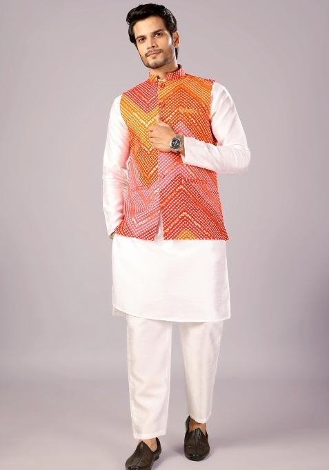 Red And Orange Printed Cotton Waistcoat For Men