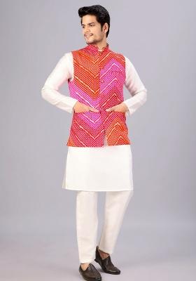 Red And Pink Printed Cotton Waistcoat For Men