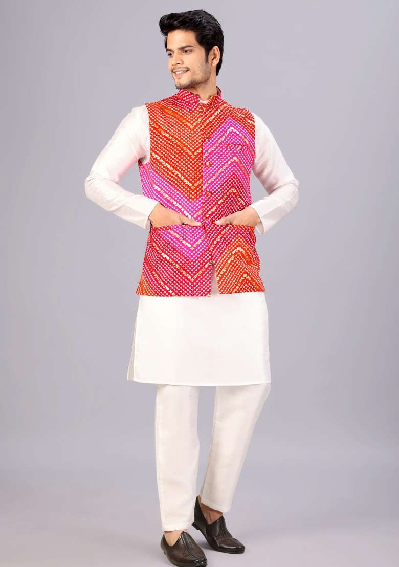 Red And Pink Printed Cotton Waistcoat For Men - Indya
