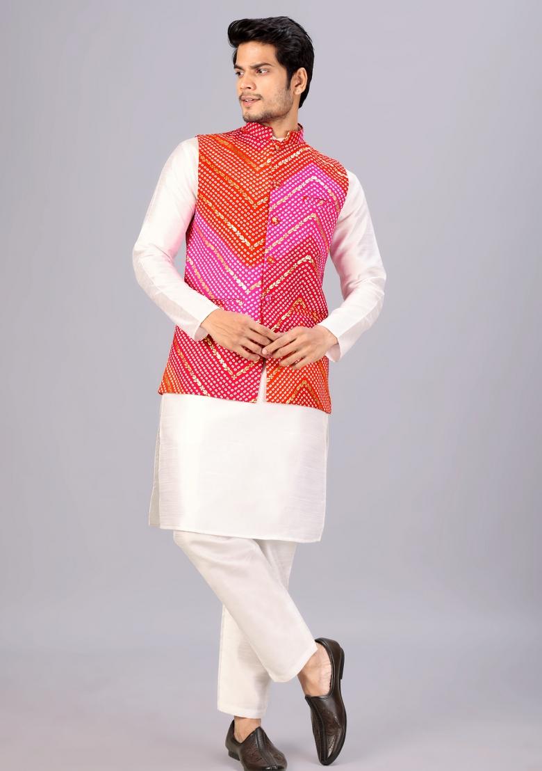 Red And Pink Printed Cotton Waistcoat For Men - Indya
