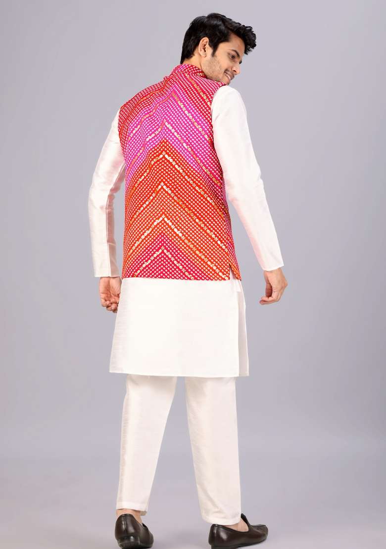 Red And Pink Printed Cotton Waistcoat For Men - Indya