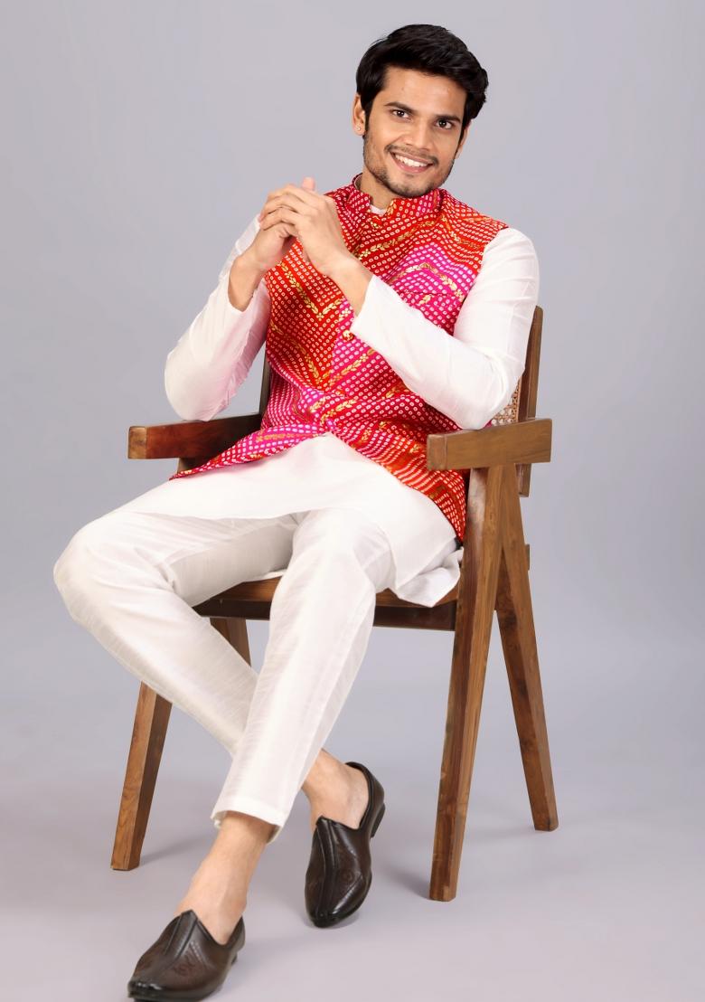 Red And Pink Printed Cotton Waistcoat For Men - Indya