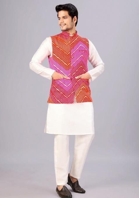 Red And Pink Printed Cotton Waistcoat For Men