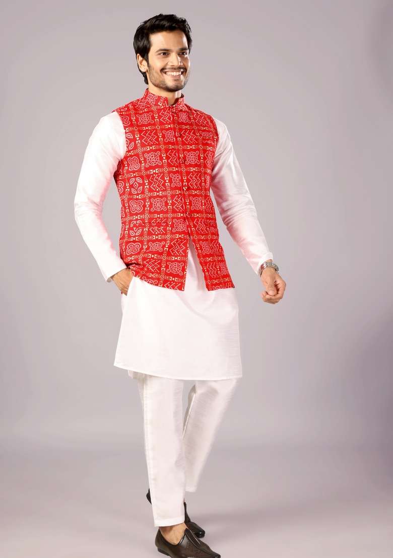 Red Printed Cotton Waistcoat For Men - Indya